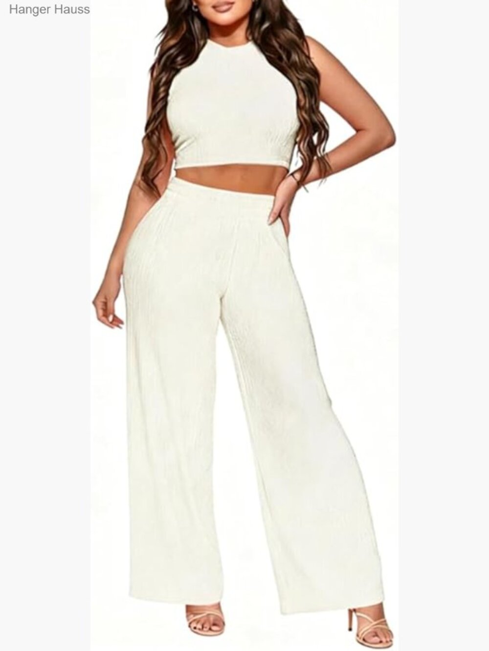 2-Piece Ribbed Knit Lounge Set - Crop Top & Flare Pants